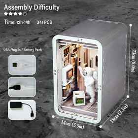 Joohour Space Capsule Book Nook side-assembly scene highlighting precise wooden panels for crafting.