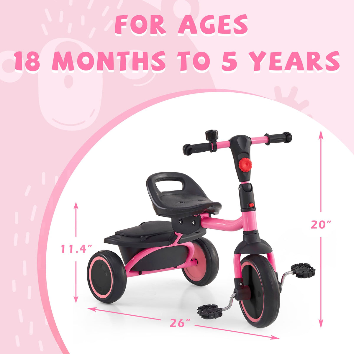 JooKiddie Toddler Tricycle pink side view shows adjustable seat for growing kids
