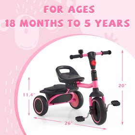 JooKiddie Toddler Tricycle pink side view shows adjustable seat for growing kids