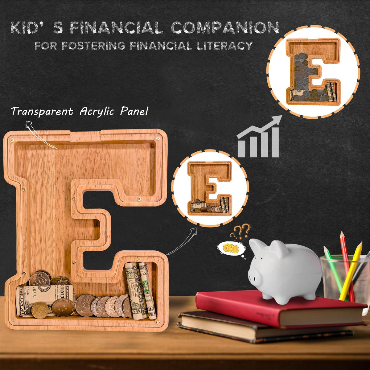 JOOMLAFLY acrylic panel view enables transparent savings tracking for kids.