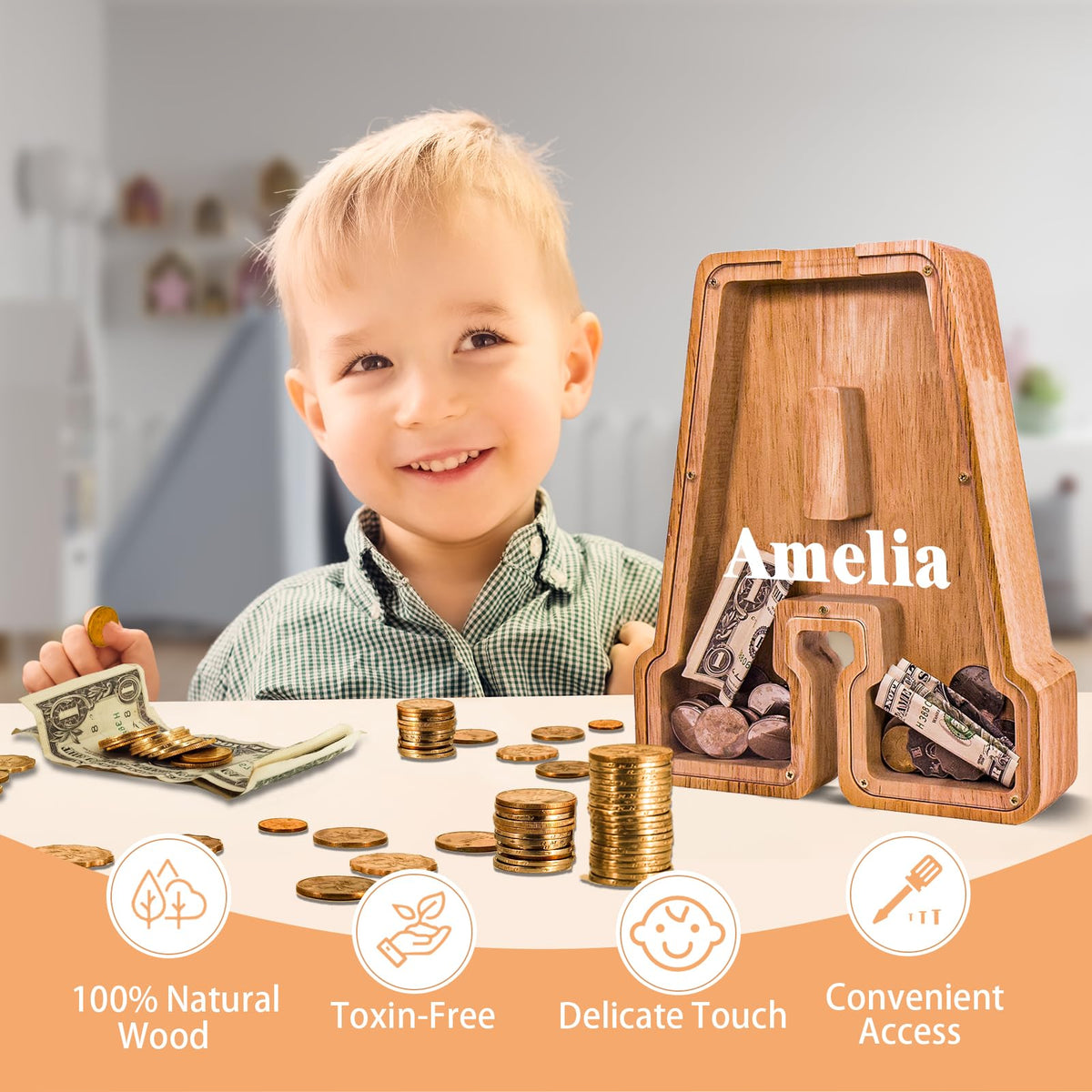 JOOMLAFLY letter piggy bank acrylic panel shows savings progress for kids