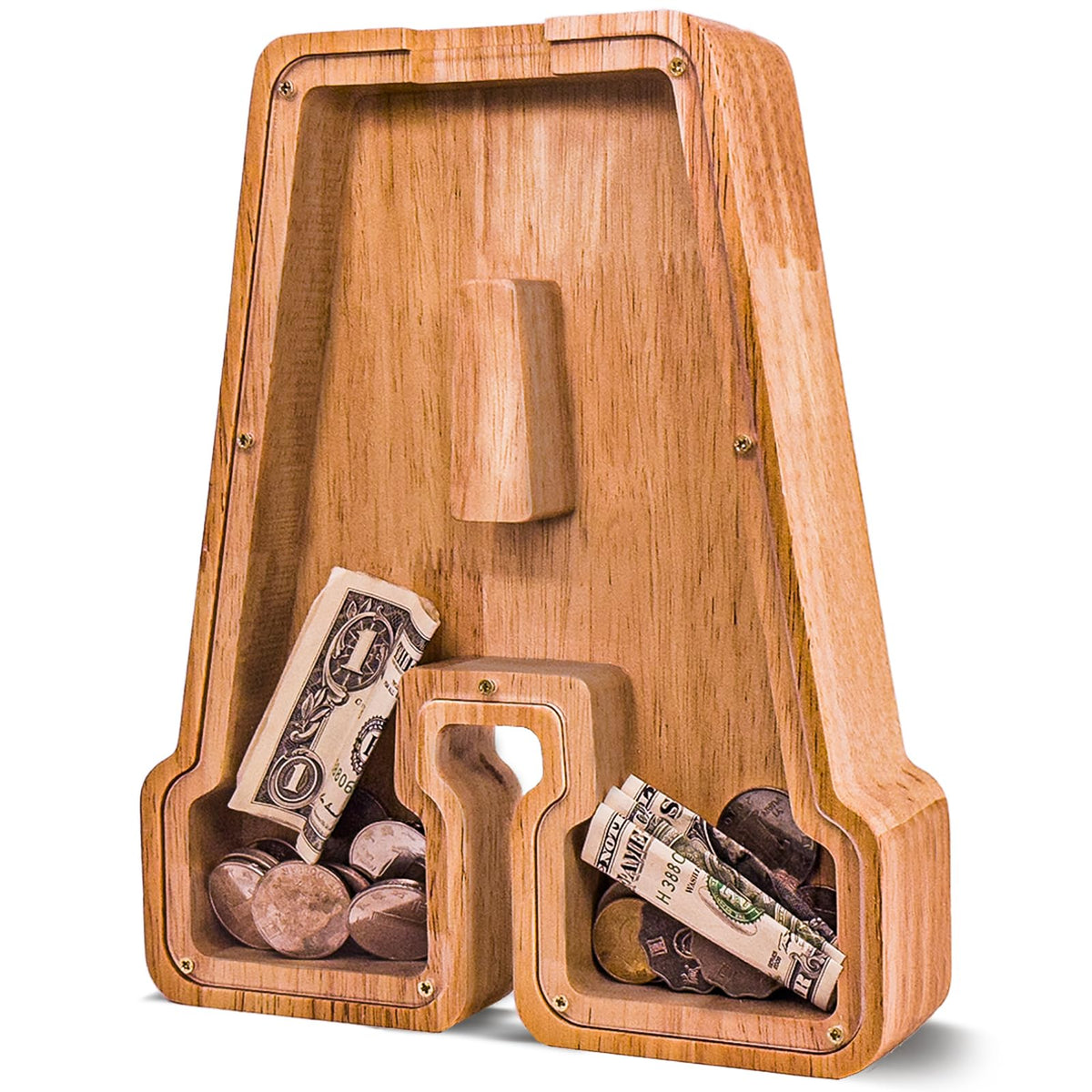 JOOMLAFLY letter piggy bank front view in natural wood finish for durability