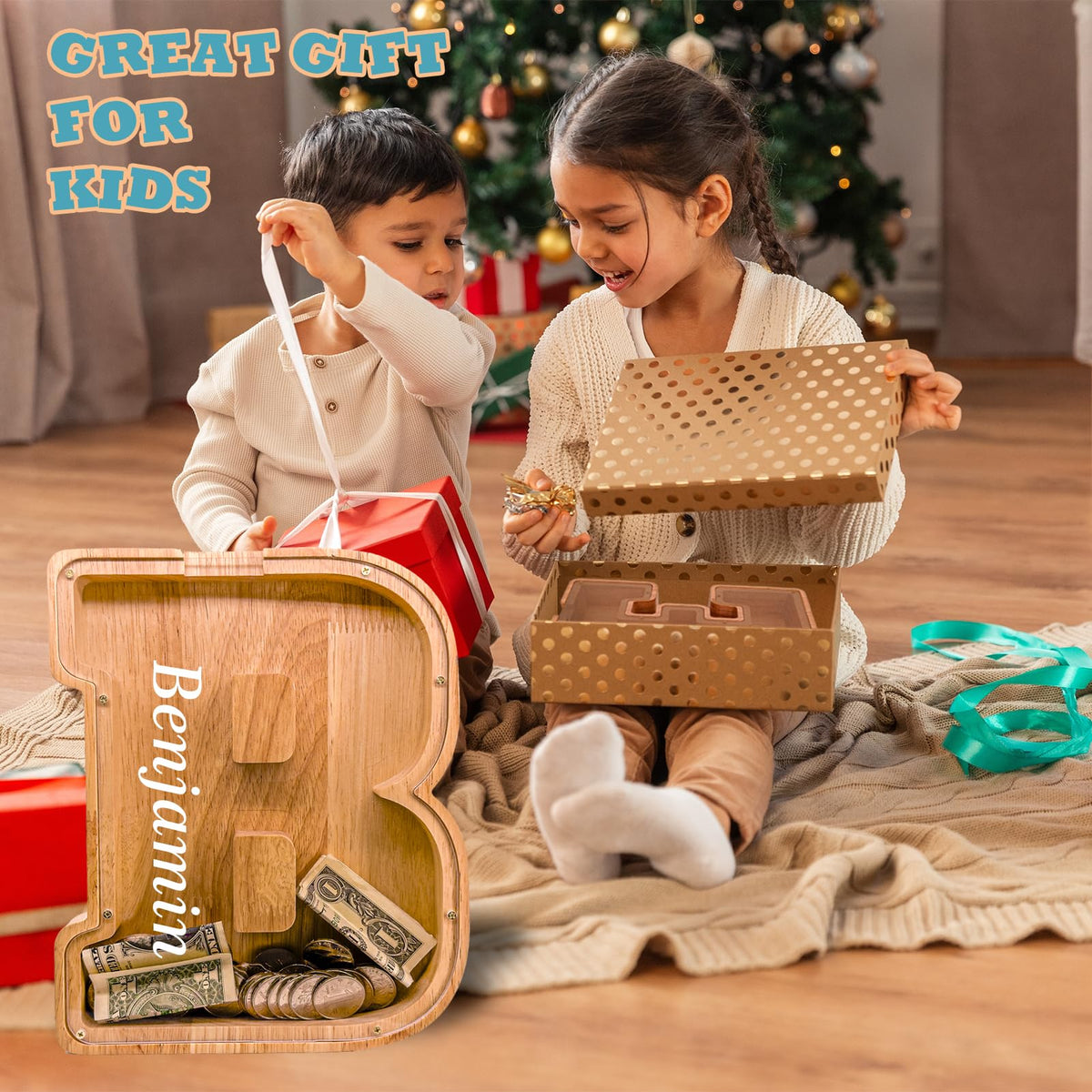 JOOMLAFLY wooden letter piggy bank 9inch height shows sizable capacity for coins and notes.