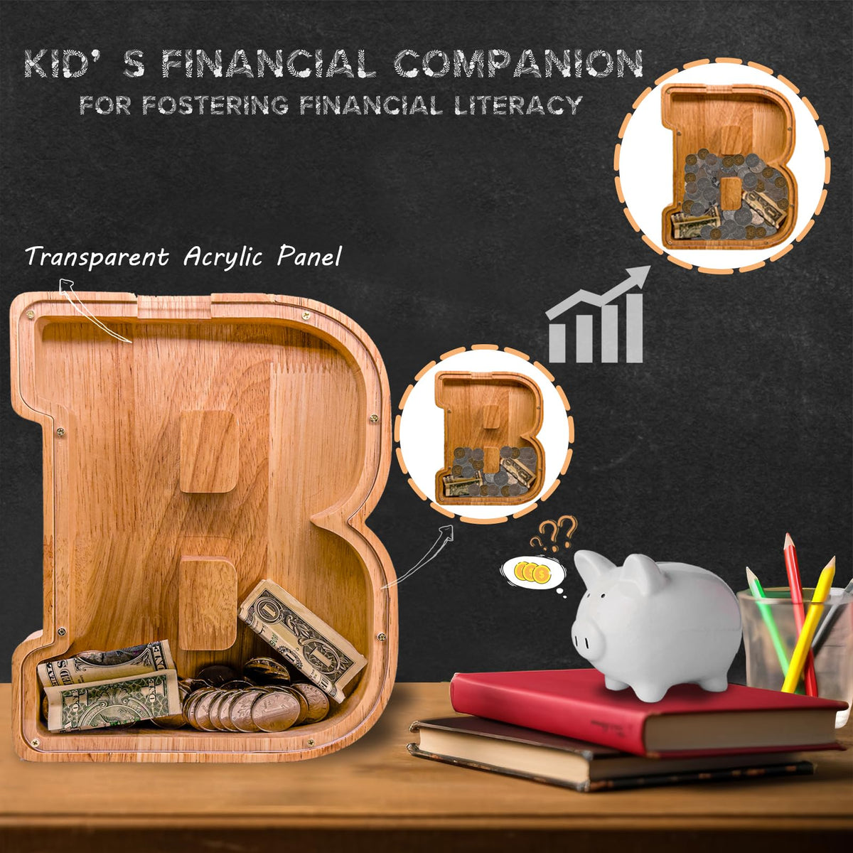 JOOMLAFLY wooden letter piggy bank acrylic panel view showcases transparent tracking of growing savings.