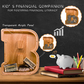 JOOMLAFLY wooden letter piggy bank acrylic panel view showcases transparent tracking of growing savings.