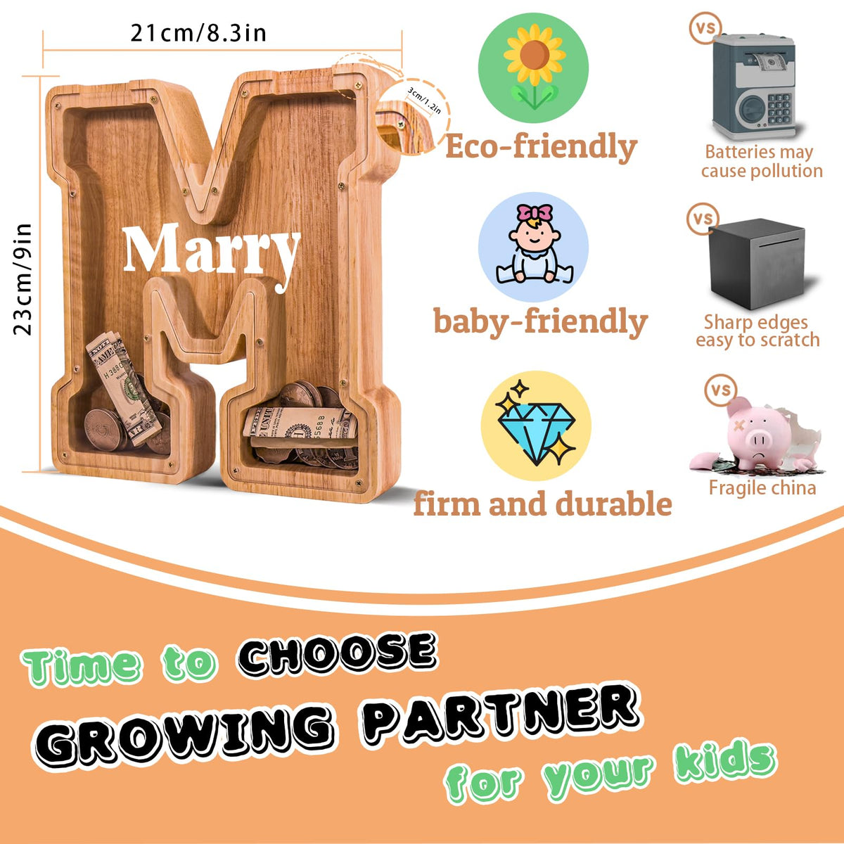 JOOMLAFLY wooden letter piggy bank acrylic panel clarity helps tracking savings