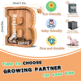 JOOMLAFLY wooden letter piggy bank beeswax finish demonstrates natural, toxin-free protection.