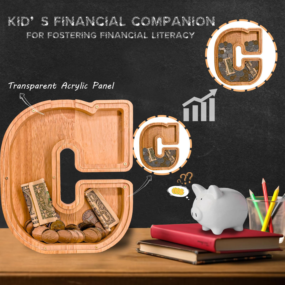 JOOMLAFLY wooden letter piggy bank with custom engraving option for a personal touch.