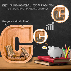 JOOMLAFLY wooden letter piggy bank with custom engraving option for a personal touch.