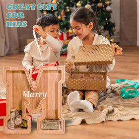 JOOMLAFLY wooden letter piggy bank engraving area for personalized messages