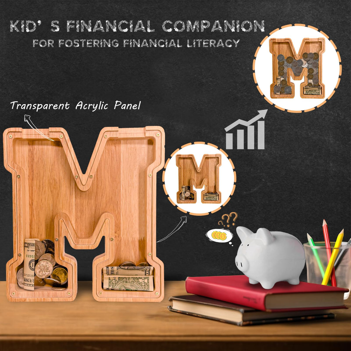 JOOMLAFLY wooden letter piggy bank front detail highlights smooth rounded edges