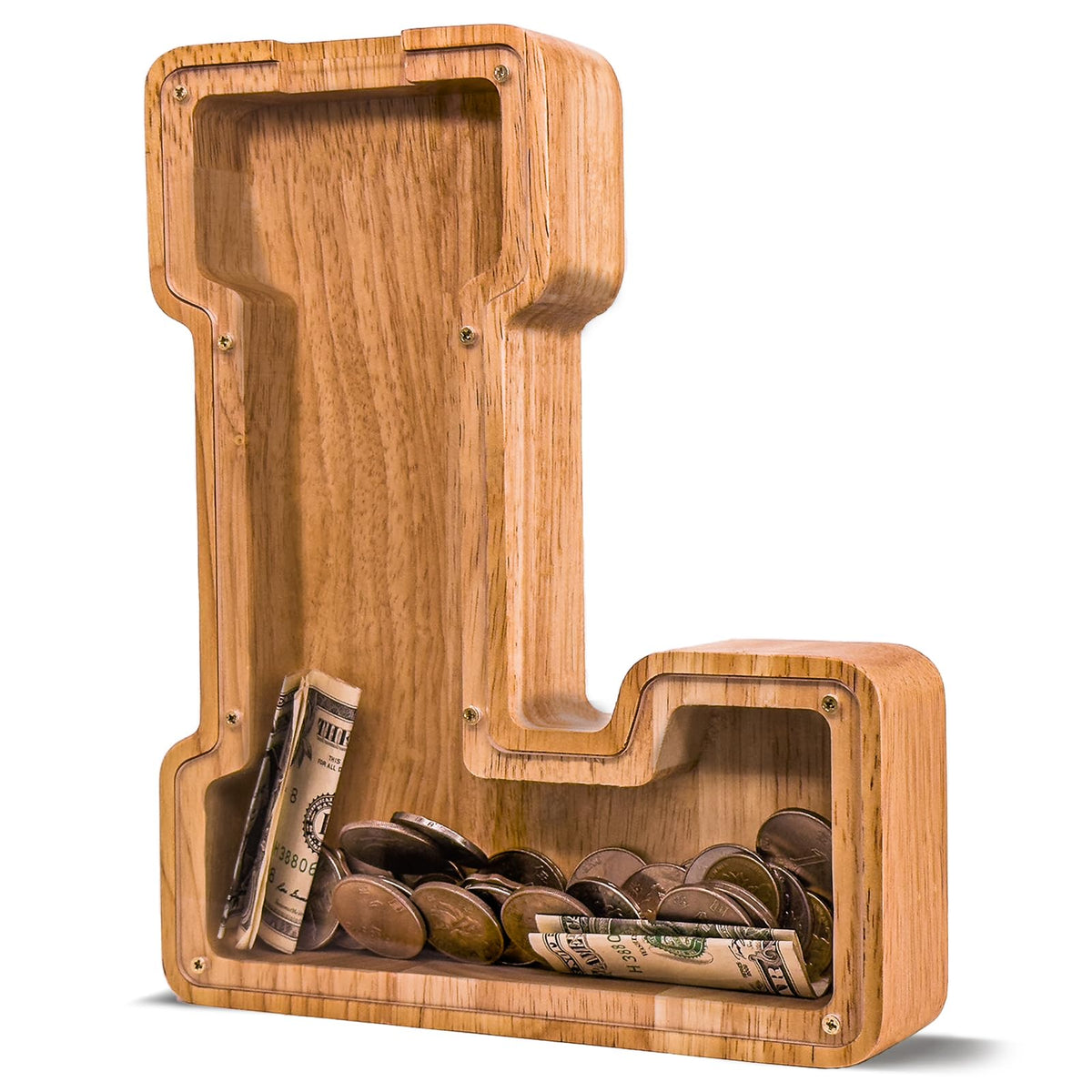 JOOMLAFLY wooden letter piggy bank front view showing sturdy craft and capacity