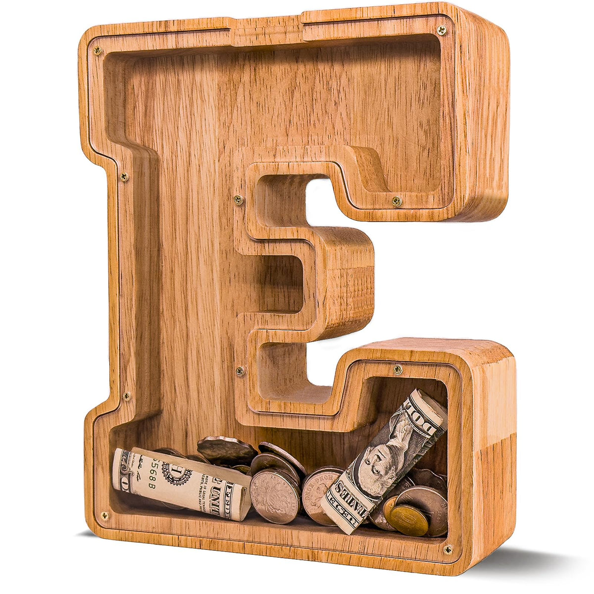JOOMLAFLY wooden letter piggy bank front view shows sturdy construction.