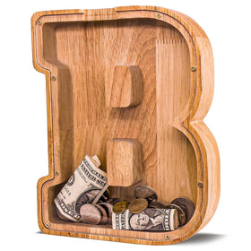 JOOMLAFLY wooden letter piggy bank front view highlights durable craft and personalized savings for kids.