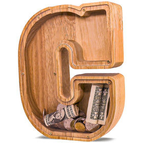 JOOMLAFLY wooden letter piggy bank with initial design, a durable keepsake for saving.