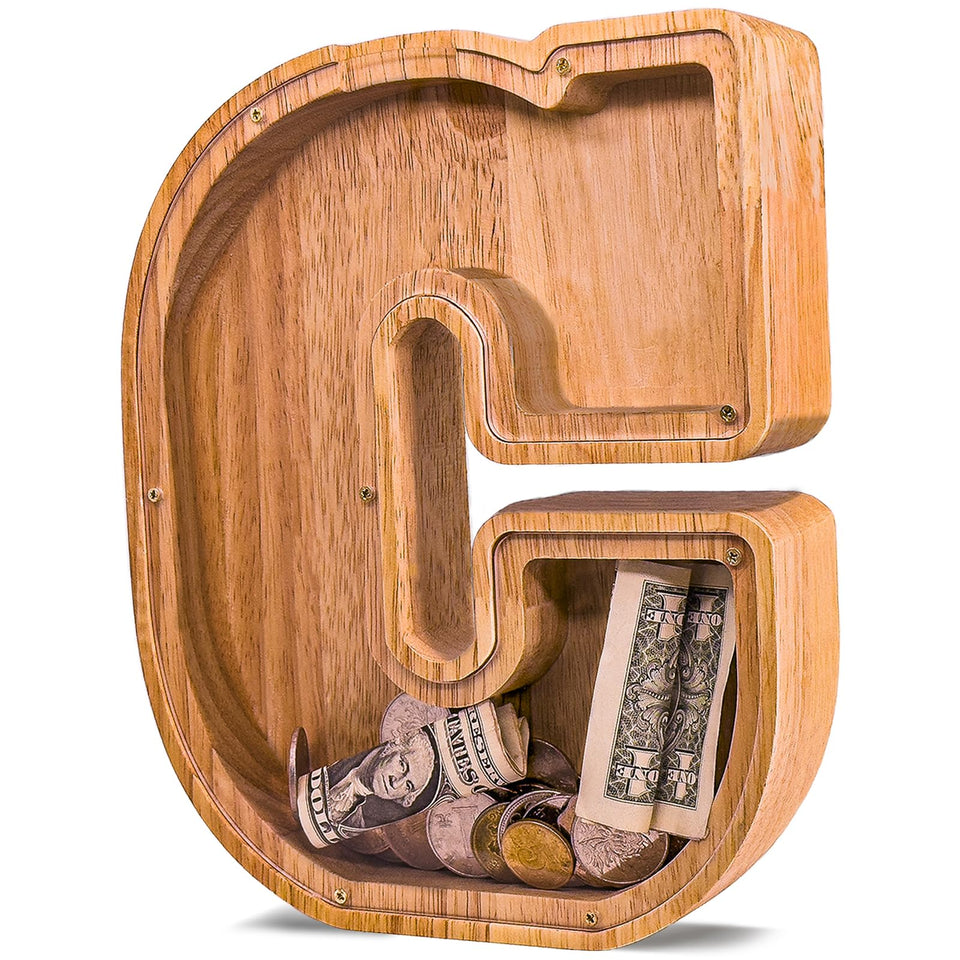 JOOMLAFLY wooden letter piggy bank with initial design, a durable keepsake for saving.
