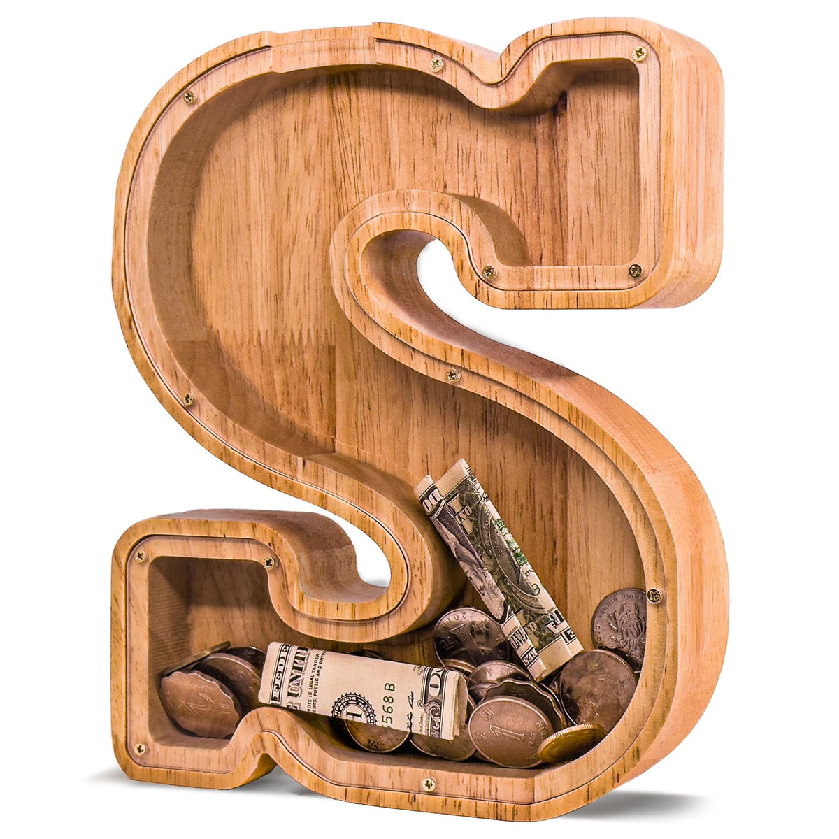 JOOMLAFLY wooden letter piggy bank with initial on front encourages early savings.