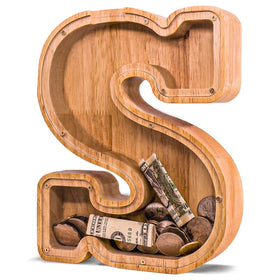 JOOMLAFLY wooden letter piggy bank with initial on front encourages early savings.