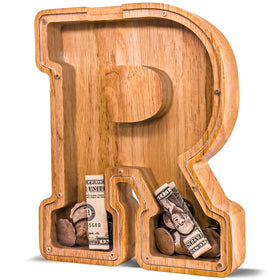 JOOMLAFLY wooden letter piggy bank initial for kids' savings, durable and eco-friendly.