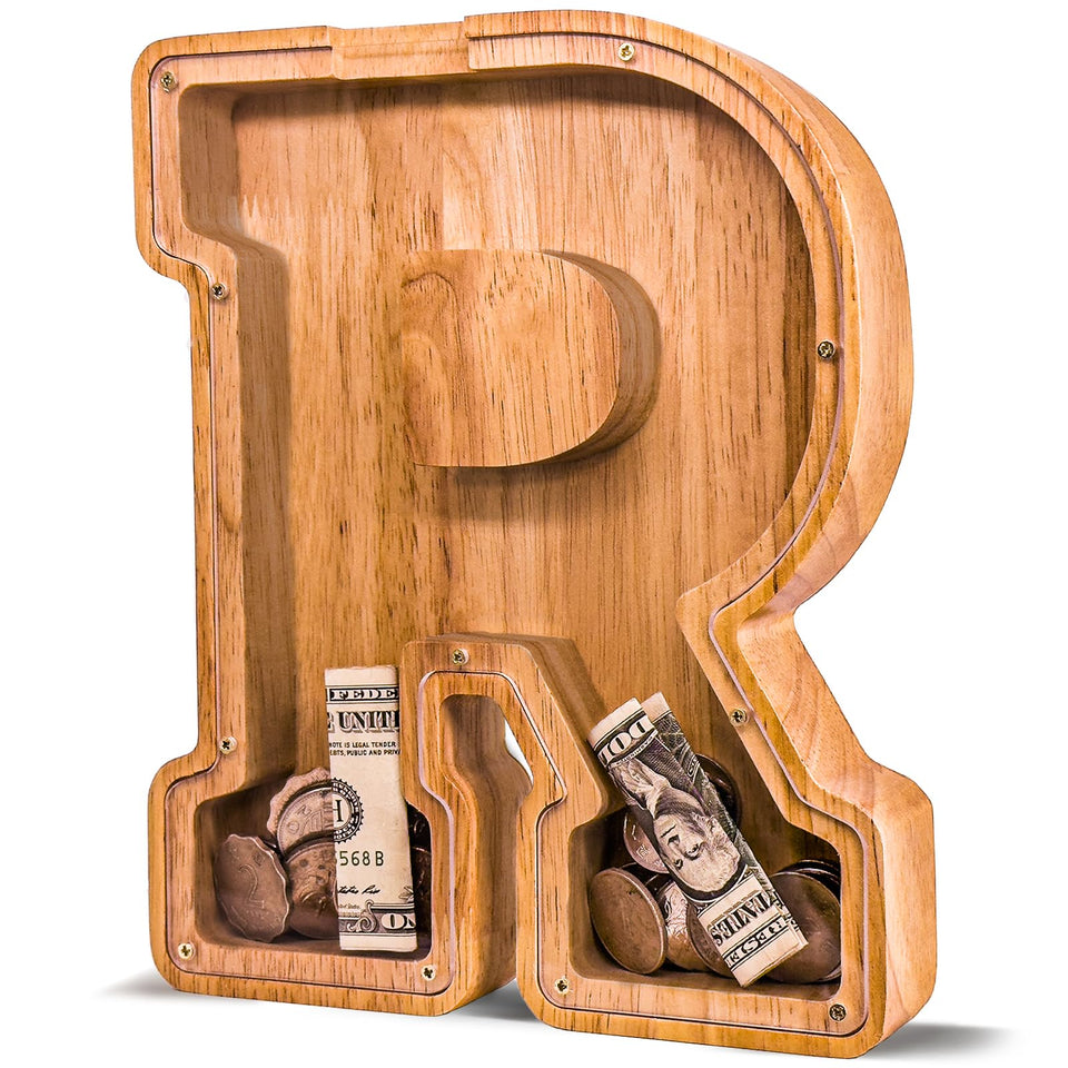 JOOMLAFLY wooden letter piggy bank initial for kids' savings, durable and eco-friendly.