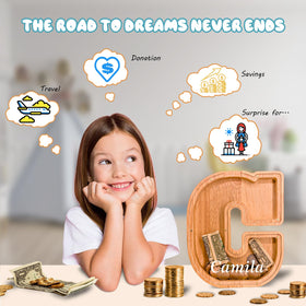 JOOMLAFLY wooden letter piggy bank featuring personalized engraving and name customization.
