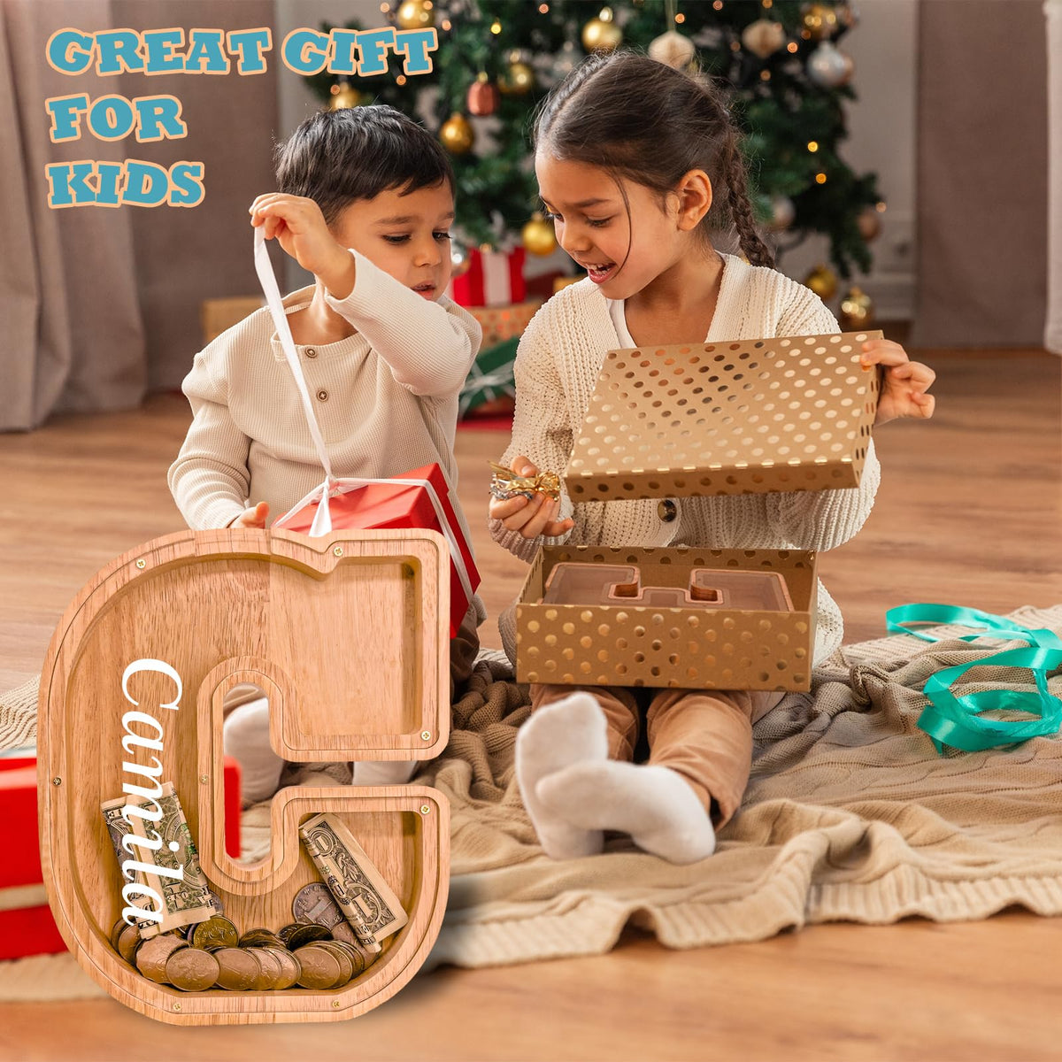 JOOMLAFLY wooden letter piggy bank with screw-off lid for easy access to coins.