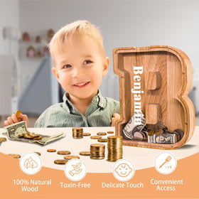 JOOMLAFLY wooden letter piggy bank side view emphasizes sturdy construction and expandable storage potential.