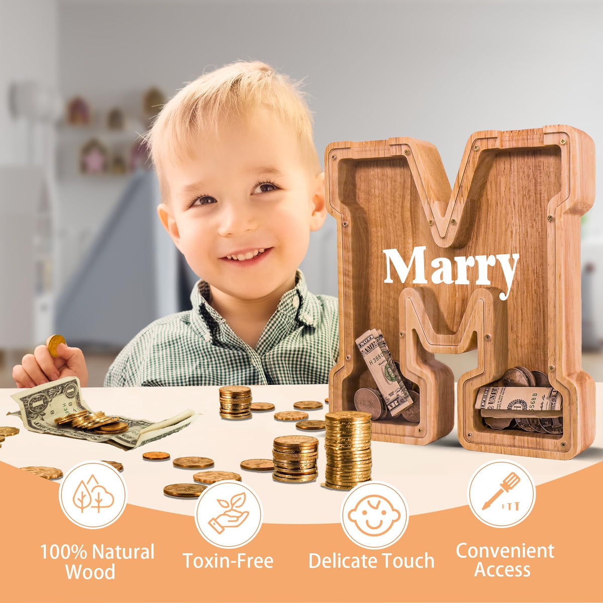 JOOMLAFLY wooden letter piggy bank side view demonstrates compact footprint for desks