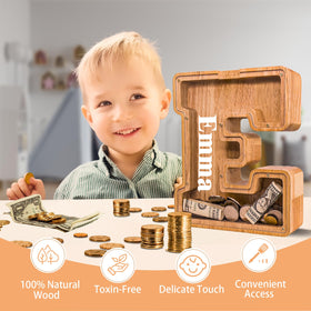 JOOMLAFLY wooden letter piggy bank side view highlights compact footprint.