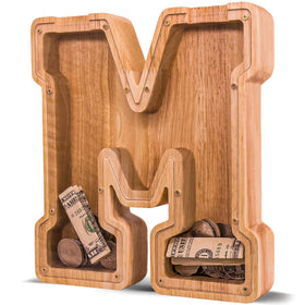 JOOMLAFLY wooden letter piggy bank top view shows natural wood finish for savings