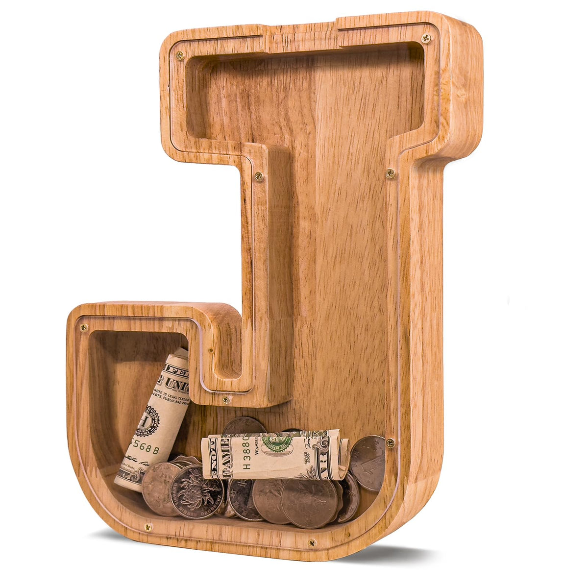 JOOMLAFLY wooden letter piggy bank with natural finish for kids savings