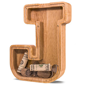 JOOMLAFLY wooden letter piggy bank with natural finish for kids savings