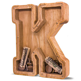 JOOMLAFLY wooden letter piggy bank with natural wood finish for durable savings.