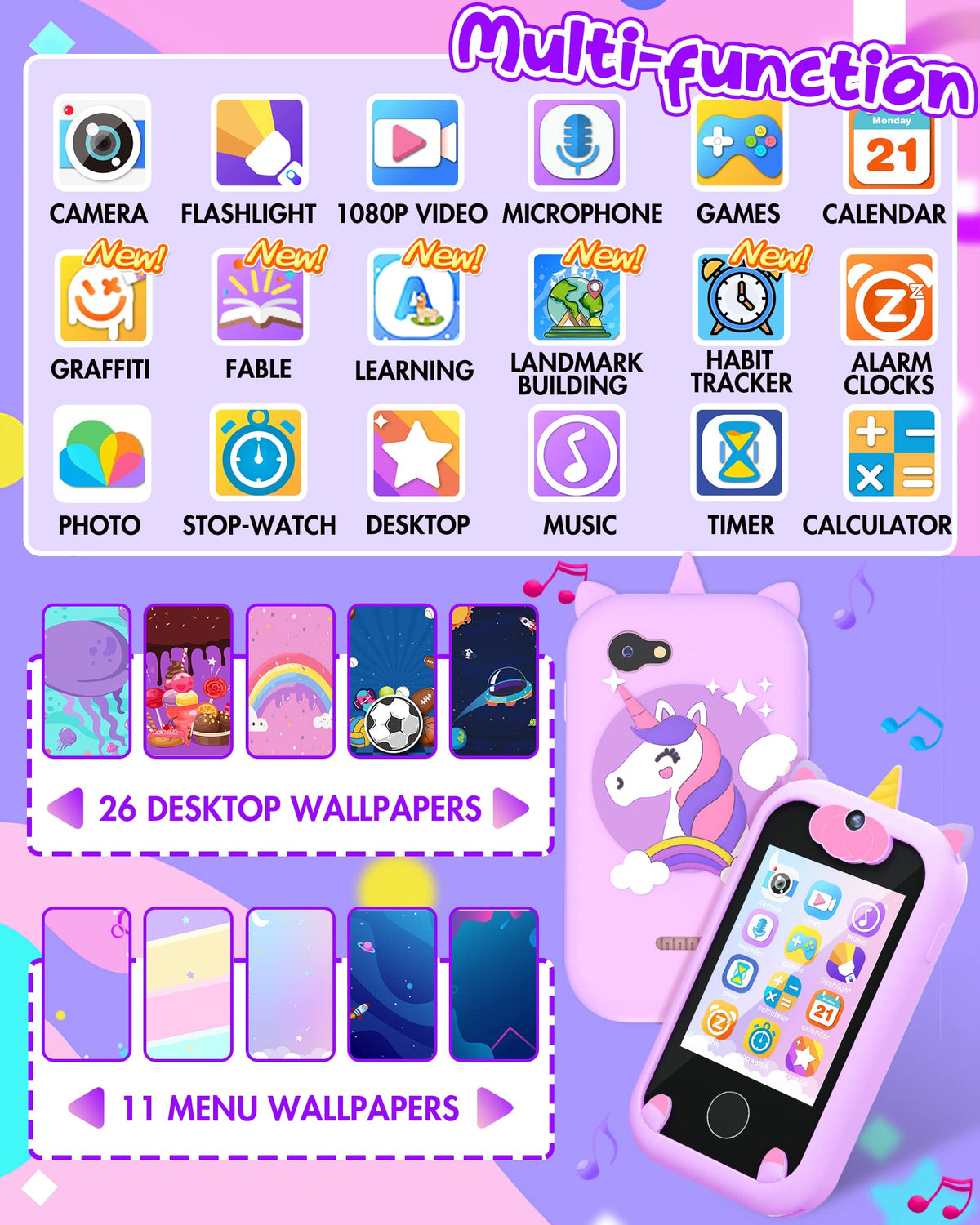 Joozfee Kids Smart Phone unicorn purple dual camera showcases easy selfies and creative shots for kids
