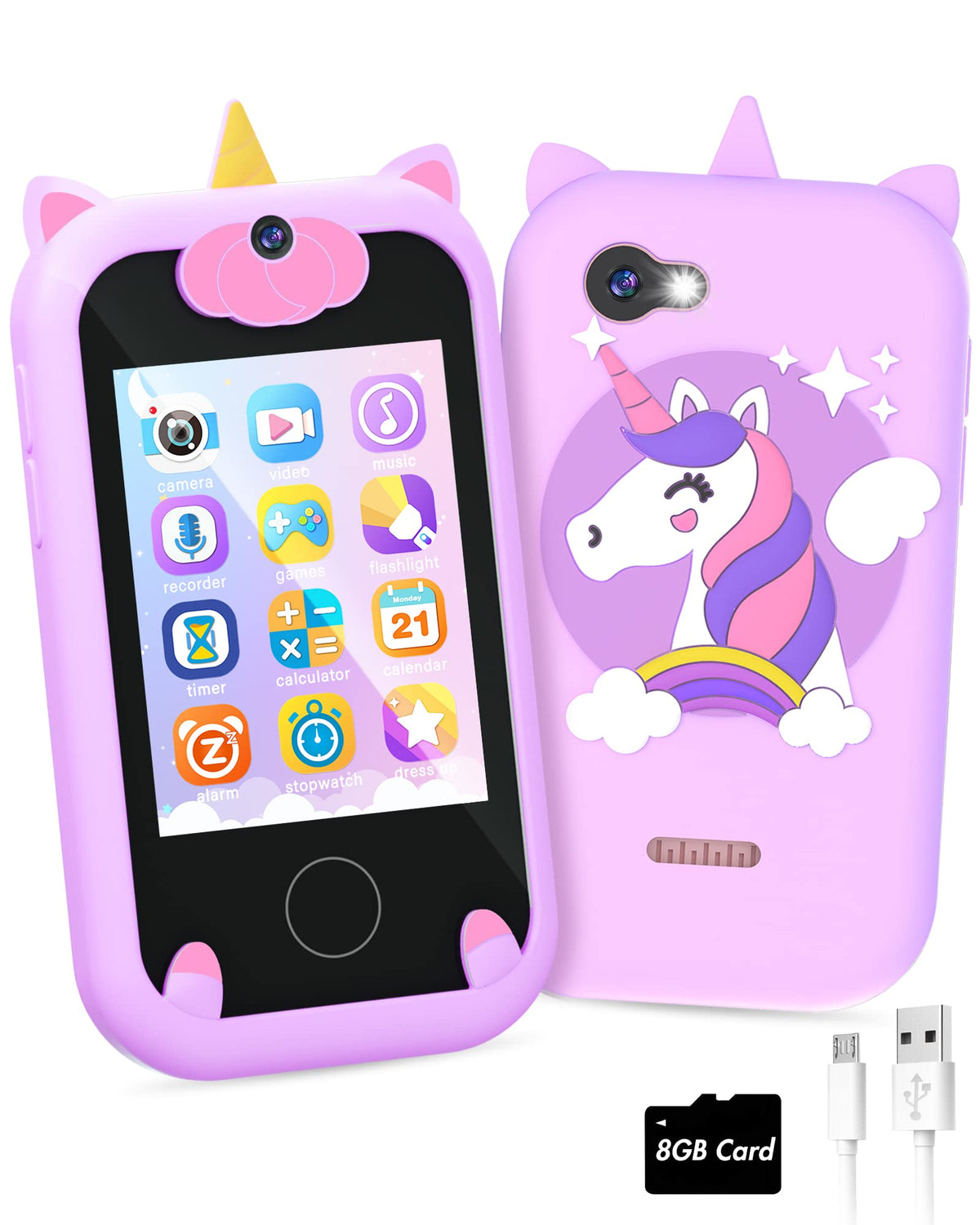 Joozfee Kids Smart Phone unicorn purple front view showing kid friendly design for learning on the go