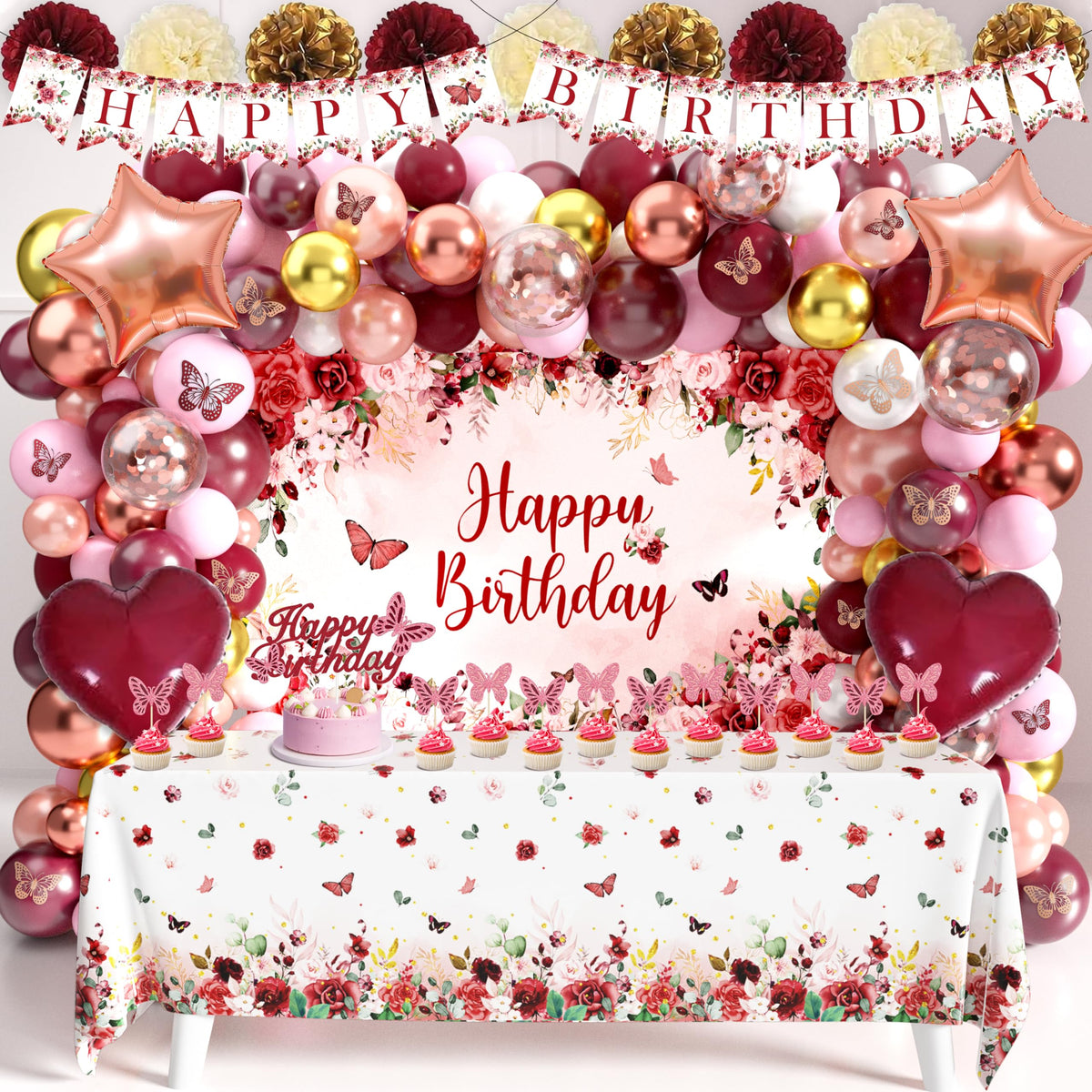 JOPHMO burgundy birthday banner backdrop for elegant photos