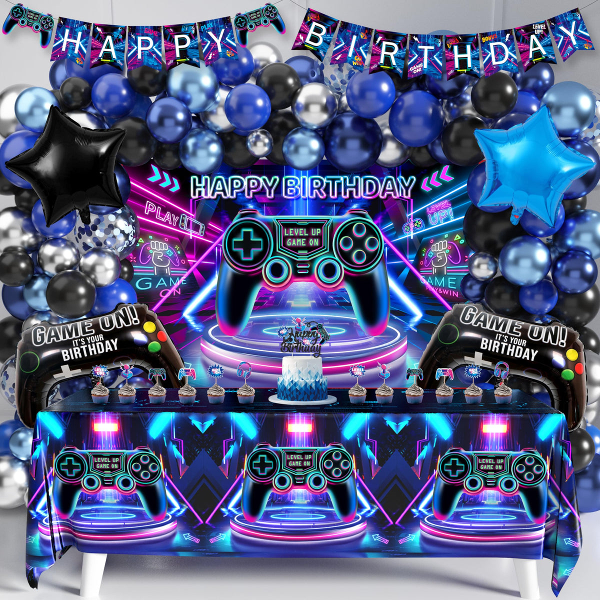 JOPHMO gamer backdrop 180x110 cm creates a dramatic video game party wall