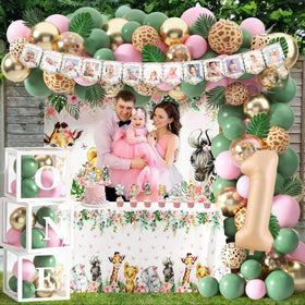 JOPHMO Wild One balloon arch kit frames the entry with safari flair