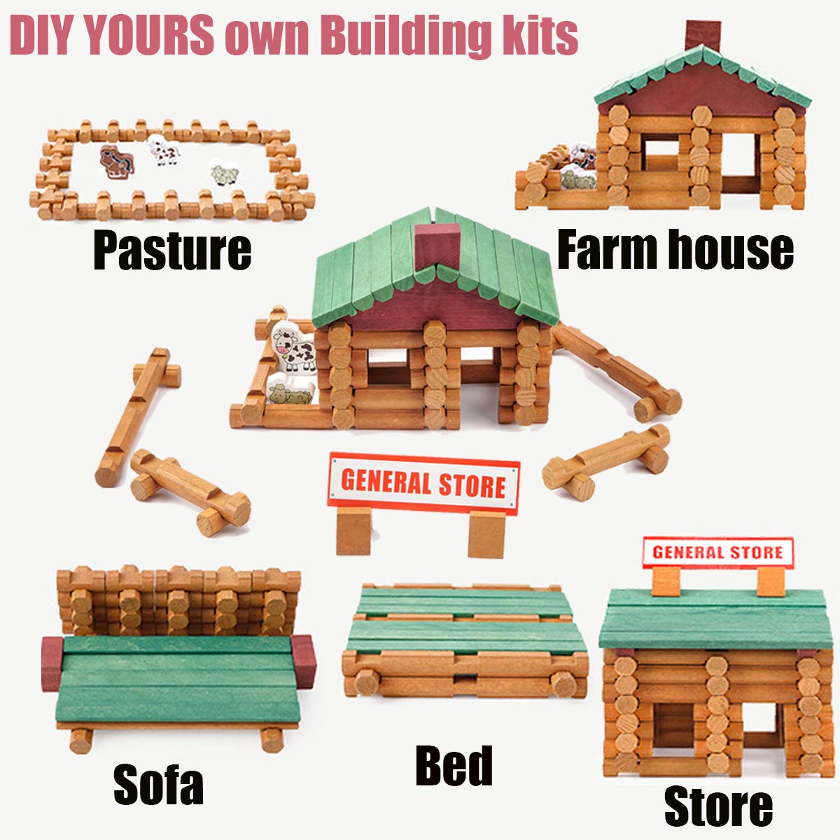 Joqutoys fences, chimney, and porch pieces support custom farm layouts.
