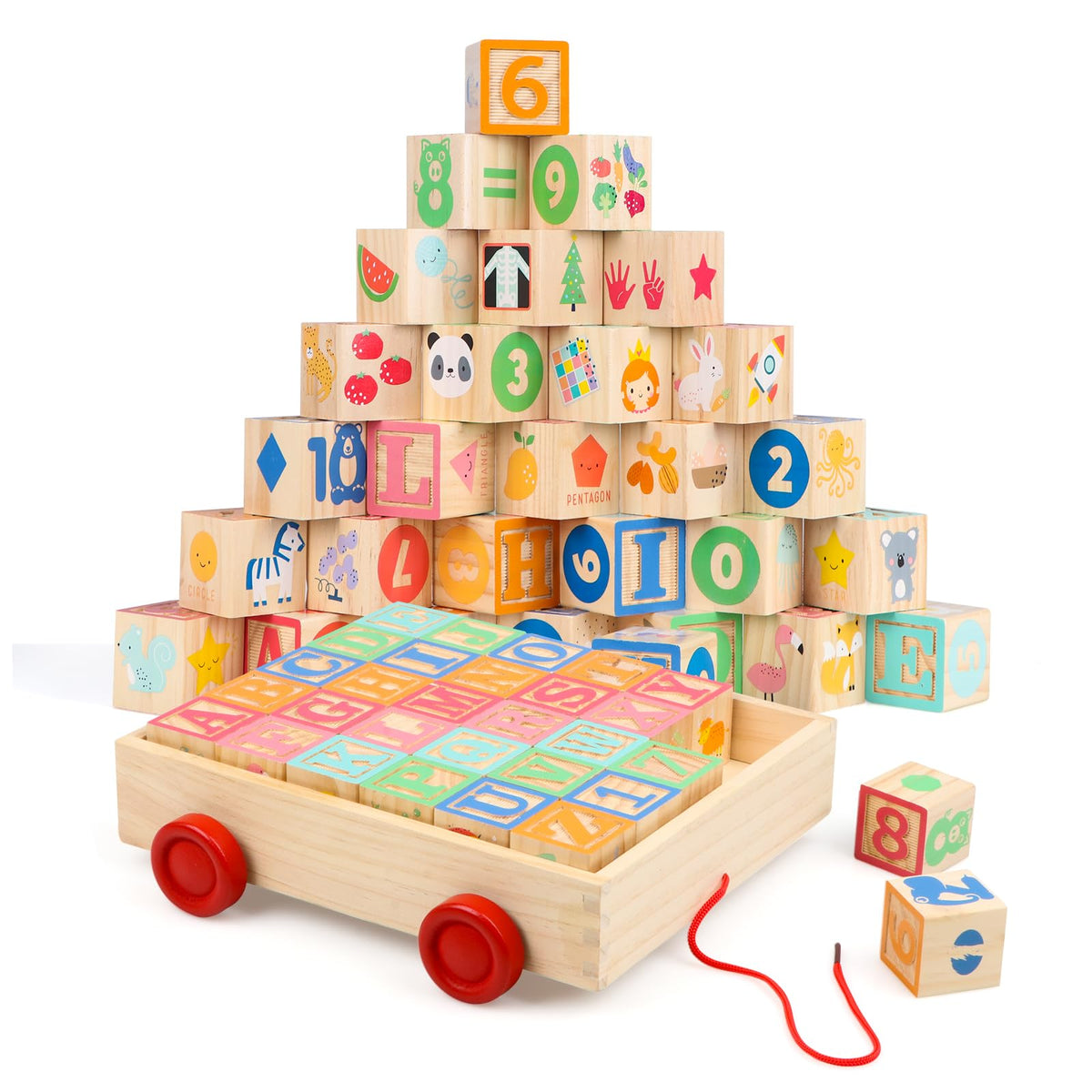 Joqutoys wooden blocks with wagon for toddler play and easy cleanup