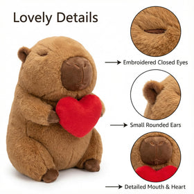 Jorkei capybara plush closeup shows embroidered heart detail