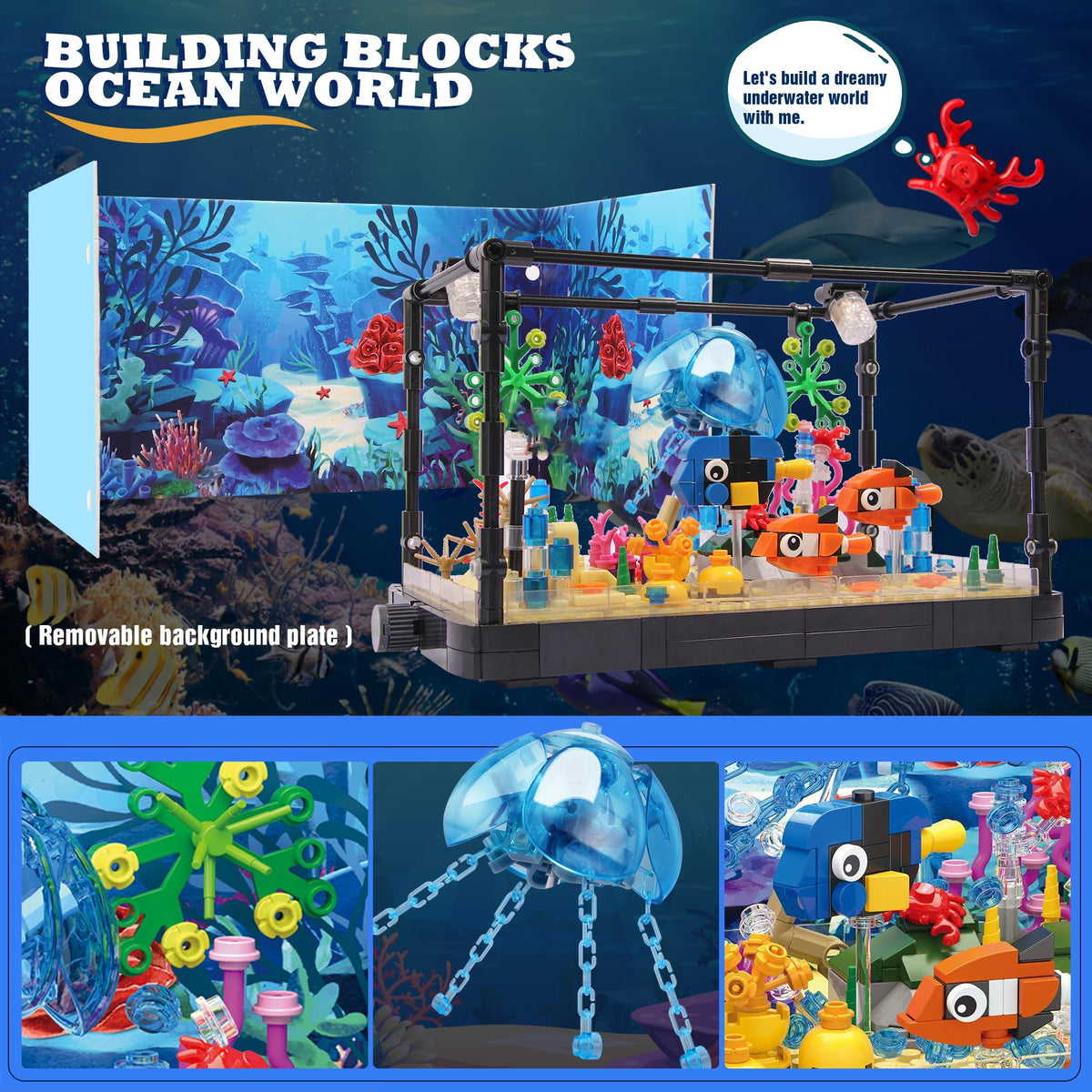 Jorumo marine figures set including dolphin, turtle, and crab for assembly
