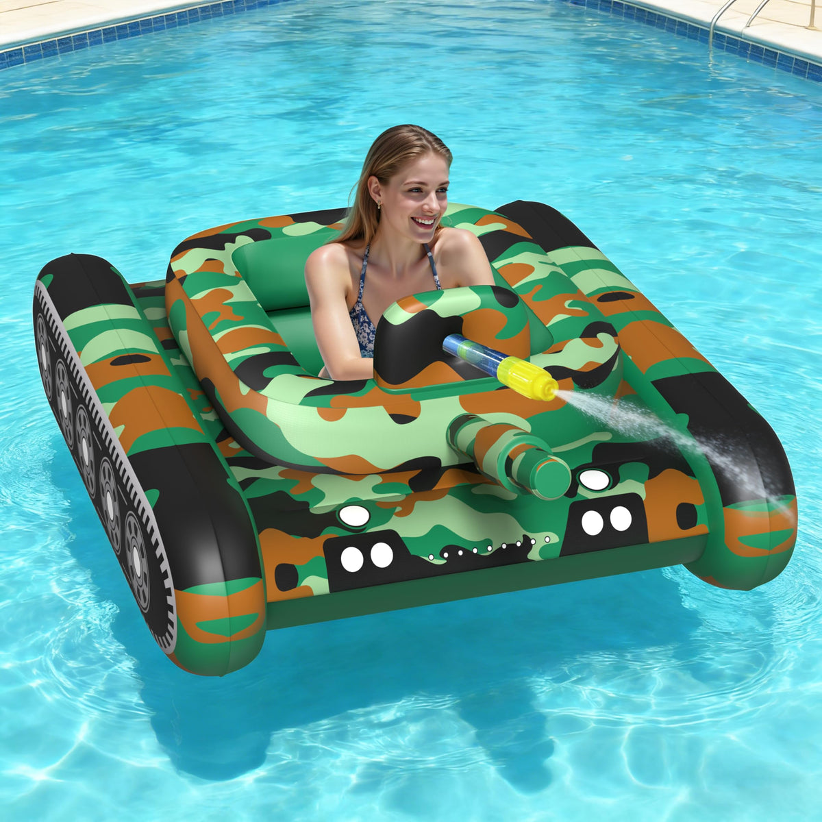 JOSEN inflatable tank pool float with water cannon for fun pool battles.