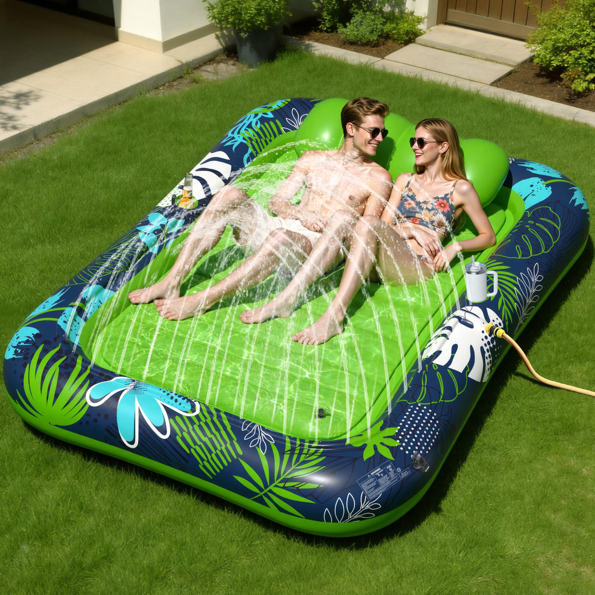 JOSEN inflatable tanning pool lounger with sprinkler for cooling and sunbathing.