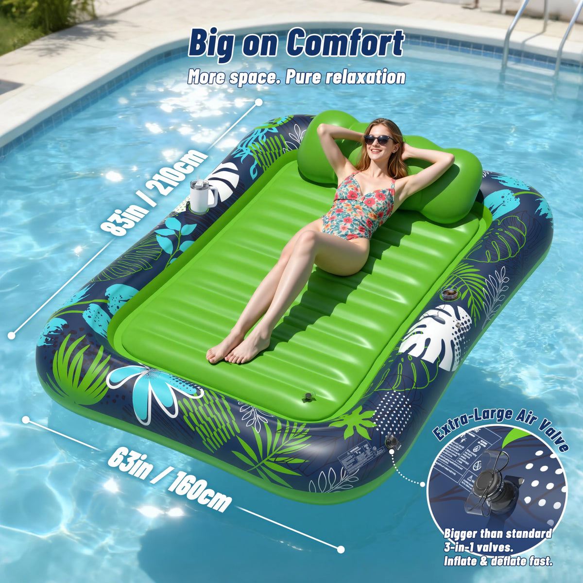 JOSEN oversized pool float shows expansive lounging space for two adults.