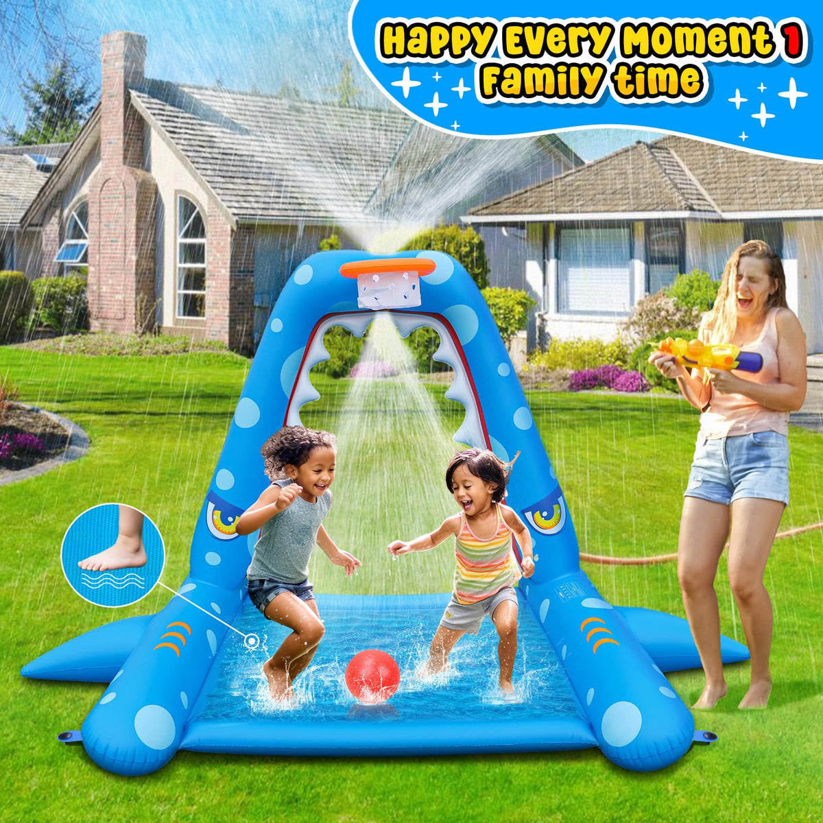 JOSEN sprinkler with basketball hoop supports active water play.