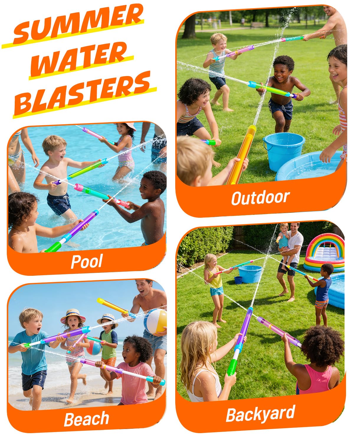 JouJueBoo Water Blaster kids and adults playing in a pool scene.
