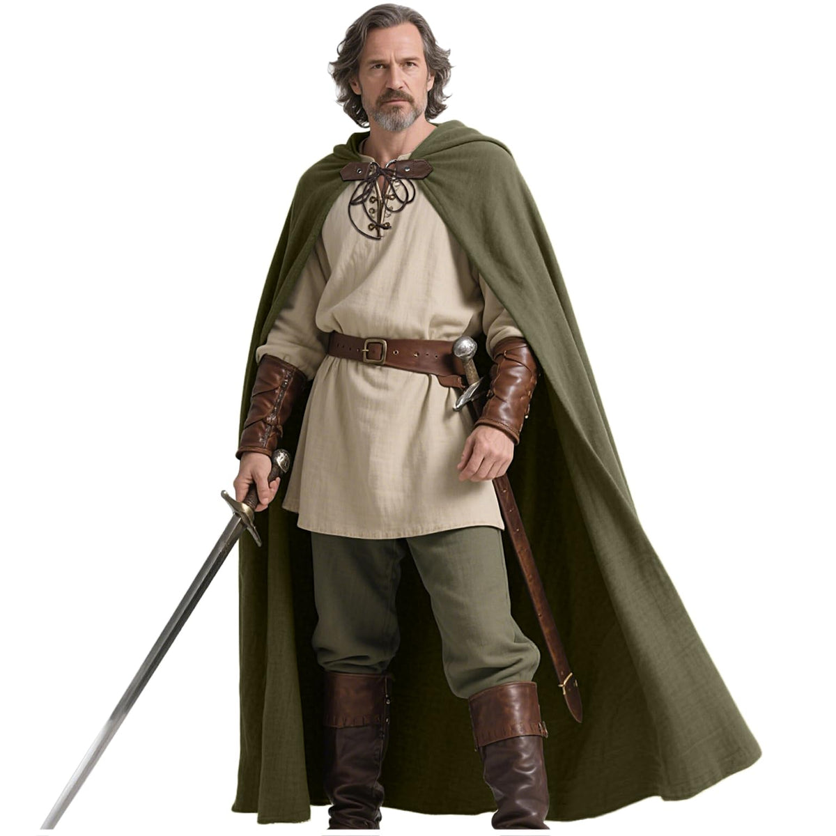 Joukavor Renaissance hooded cape in green, full view ideal for cosplay and events.