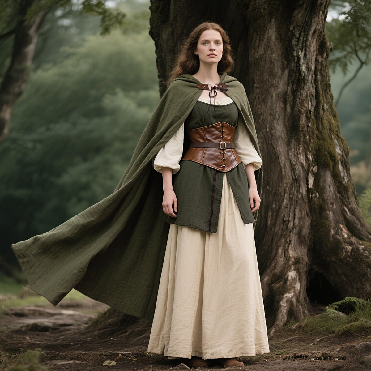 Green Joukavor cape on model suitable for both genders and varied outfits.