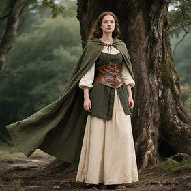 Green Joukavor cape on model suitable for both genders and varied outfits.